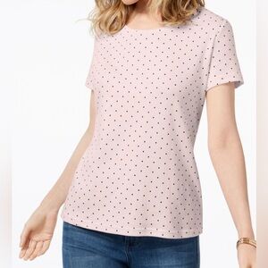 Karen Scott Pink Relaxed Fit Short Sleeve Polka Dot Tee, Women, L, SmartCasual,